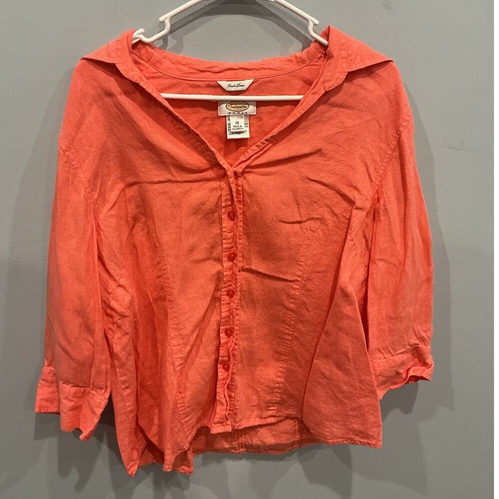 Talbots Womens Irish Linen Button Up Shirt Coral Beach Euro Summer Coastal Boho